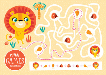 Funny maze for children. Feed the lion. Mini games collections.