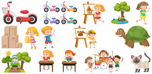 Set of cute kids and objects