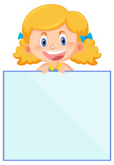 Cute girl holding blank board in cartoon style