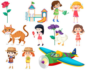 Set of different cute kids and objects