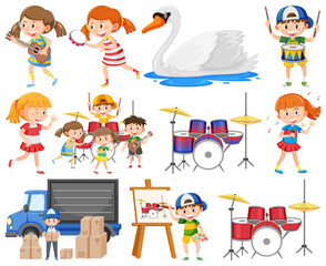 Set of different cute kids and objects