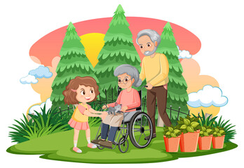 Old woman in wheelchair with her husband