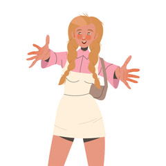 Young Smiling Woman Outstretching Her Arms Showing Positive Hand Gesture Vector Illustration