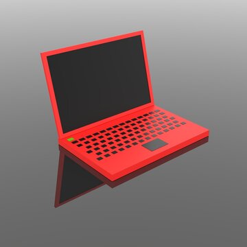 Angular low poly laptop. Design element. Mocap. Minimalistic style. Red laptop on a gray reflective table. 3d illustration. Side view from above