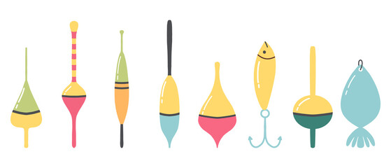 Fishing tackle. Set of fishing floats. Vector illustration. Fishing tools. © Евгения Крупель