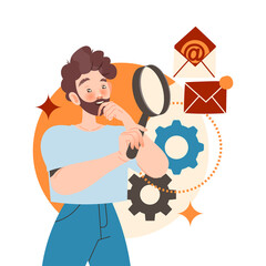 Bearded Man Character with Magnifying Glass Working with Information Analyzing and Browsing Data Vector Illustration