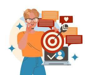 Man Character Working with Information Hitting Center of Target Analyzing and Browsing Data Vector Illustration