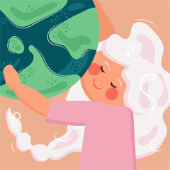A woman embracing the planet. Vector illustration in modern fashionable flat cartoon style