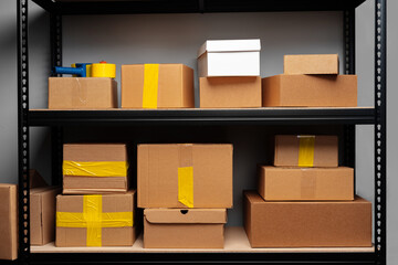 Rack shelves with paper boxes in warehouse.