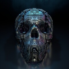 Human skull with organic circuit board structure. 3D rendering © CROCOTHERY