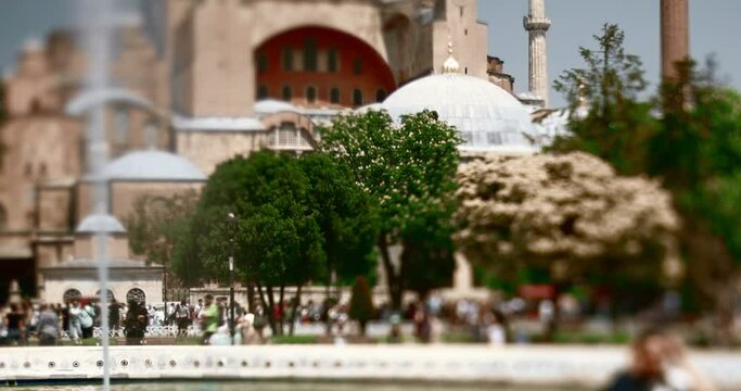 Hagia Sophia in Istanbul shot with a tilt lens and time lapse. Panorama from the fountain up. High quality 4k footage