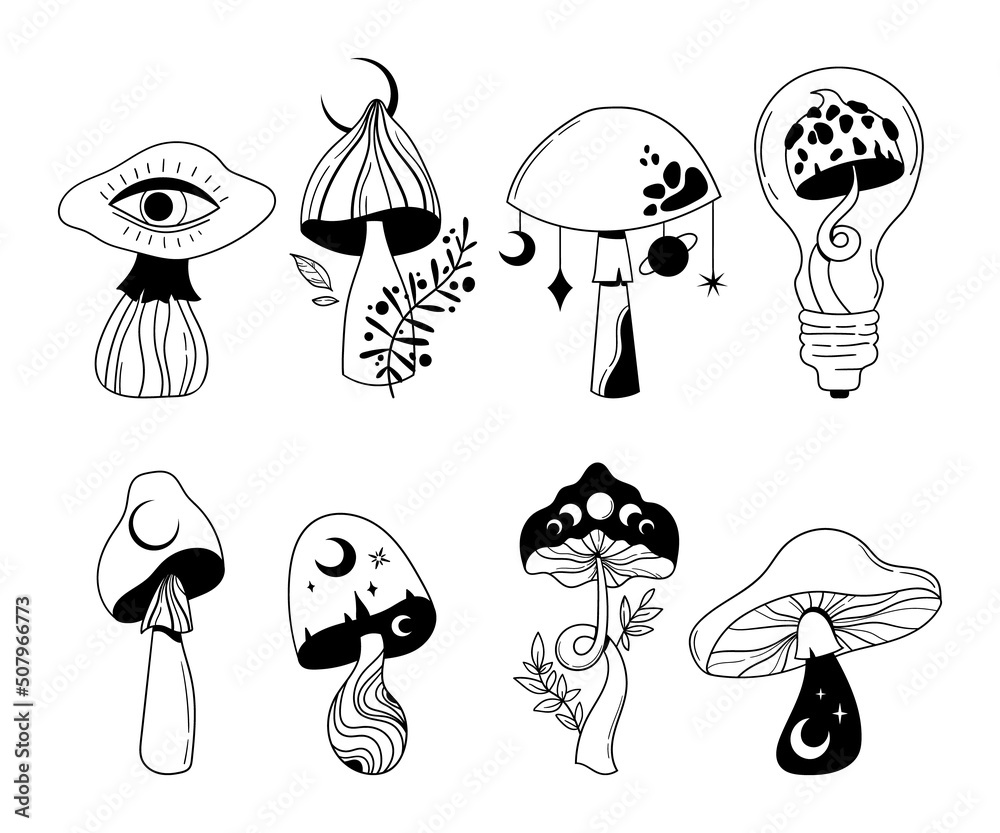 Wall mural Mystical space mushroom and moon isolated clip art bundle, hand drawn line celestial mushrooms, moon and stars, witchy floral esoteric objects, - black and white vector set