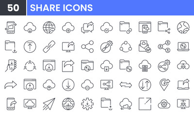 Share and Transfer vector line icon set. Contains linear outline icons like Download, Upload, Link, Publish, Cloud, Attach, Hyperlink, File, Link, Web, Send, Site, Internet. Editable use and stroke. - obrazy, fototapety, plakaty