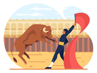 Mexico corrida. Bullfighting show, brave toreador conquering a bull.