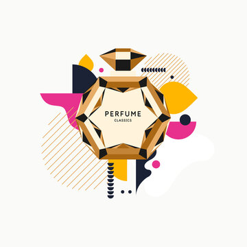 A modern fashion poster in the youth style consists of various geometric shapes and a perfume bottle. Perfume for women.
