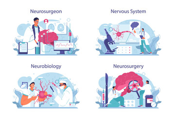 Neurosurgeon concept set. Doctor examine and treat human brain