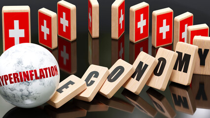 Switzerland and hyperinflation, economy and domino effect - chain reaction in Switzerland set off by hyperinflation causing a crash - economy blocks and Switzerland flag,3d illustration - obrazy, fototapety, plakaty