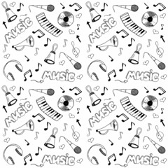 Seamless pattern with musical instruments. Doodles on a white background. Vector image.