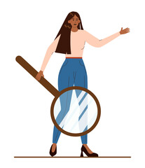 Native American businesswoman holding a magnifying glass.