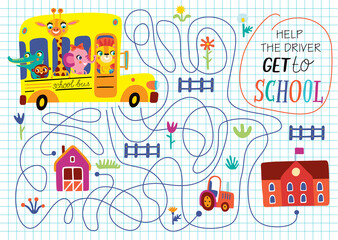 Funny maze for children. Back to school. Cartoon illustration on a white background.

