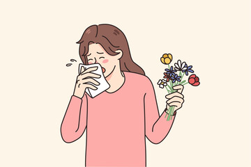 Sick young woman sneeze having allergy to flowers. Unhealthy girl hold floral bouquet feeling allergic to seasonal plants. Healthcare concept. Flat vector illustration.  - obrazy, fototapety, plakaty