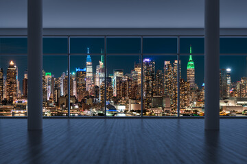 Midtown New York City Manhattan Skyline Buildings from High Rise Window. Beautiful Expensive Real Estate. Empty room Interior Skyscrapers View Cityscape. Night time. west side. 3d rendering.