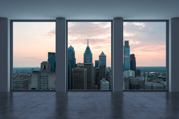 Empty room Interior Skyscrapers View Cityscape. Downtown Philadelphia City Skyline Buildings from High Rise Window. Beautiful Real Estate. Sunset. 3d rendering.