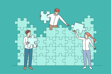 Diverse businesspeople connect jigsaw puzzles looking for business solution together. Colleagues cooperate join pieces for shared goal or result achievement. Teamwork. Vector illustration. 