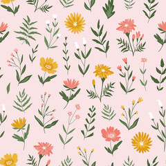 Vector hand-drawn seamless floral print. Cute girly fabric pattern design. Flowers on the pink background. - 507969186