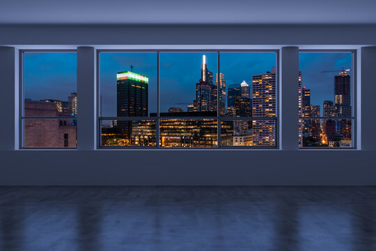 Empty Room Interior Skyscrapers View Cityscape. Downtown Philadelphia City Skyline Buildings From High Rise Window. Beautiful Real Estate. Night Time. 3d Rendering.