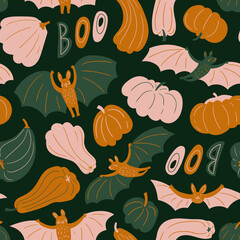 Cute flying bats and pumpkins. Vector hand-drawn seamless pattern. Halloween design for fabric, wallpaper or wrapping paper. Kids print.