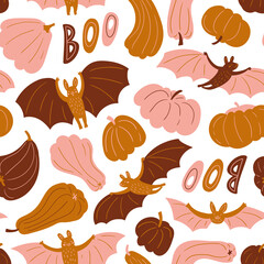 Cute flying bats and pumpkins. Vector hand-drawn seamless pattern. Halloween design for fabric, wallpaper or wrapping paper. Kids print.