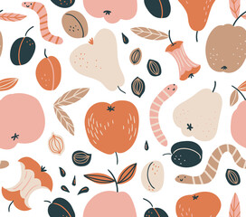 Organic waste. Seamless pattern with worms and fruits. Natural print design. Worm Composting background.  - 507969357