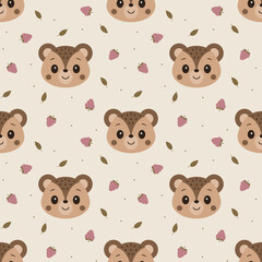 Seamless pattern with cute teddy bear and raspberry. Vector 