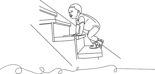 Fototapeta na wymiar Sketch drawing of Little child climbing the stairs, Kids logo, LIne art illustration of kid climbing steps