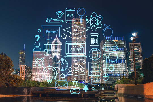 Chicago downtown area city view and Millennium Park area, night time, Illinois, USA. Skyscrapers of financial district. Education concept. Academic research, top ranking universities, hologram