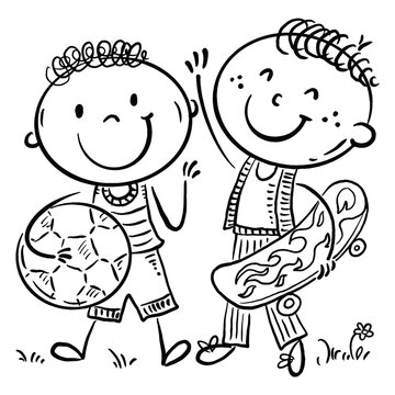 Black and white cartoon cute kids boys with skateboard and soccer ball