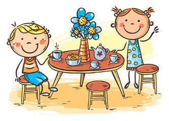 Boy and girl drinking tea, kids at the table