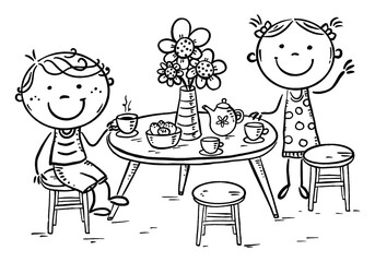Boy and girl drinking tea, kids at the table