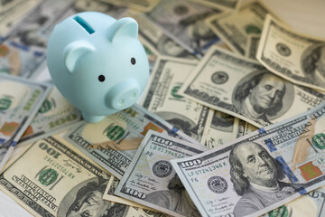 business, finance, investment, saving and corruption concept - close up of dollar cash money and piggy bank on table.