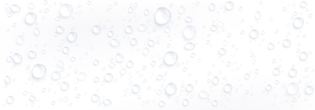 Clear water drops, dew or dripping rain droplets isolated on white background. Vector realistic set of pure aqua liquid flows, condensation on cool surface