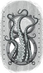 Black and white vector drawing of tentacles moving from the window