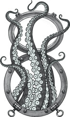 Black and white vector drawing of tentacles moving from the window