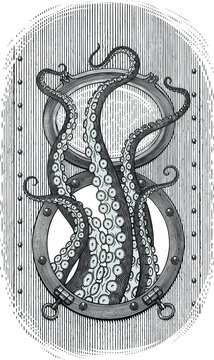 recommend clip art: Black and white vector drawing of tentacles moving from the window