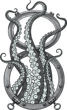recommend clip art: Black and white vector drawing of tentacles moving from the window