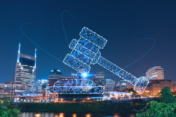 Panoramic view of Broadway district of Nashville at illuminated night skyline, Tennessee, USA. Glowing hologram of legal icons. The concept of law, order, regulations and digital justice