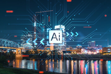 Fototapeta na wymiar Panoramic view of Broadway district of Nashville over River at illuminated night, Tennessee, USA. Hologram of Artificial Intelligence concept. AI, business, machine learning, neural network, robotics