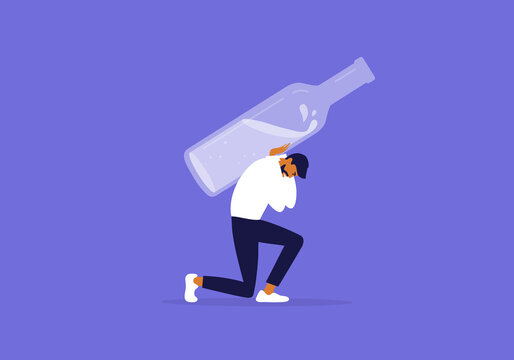Alcoholism abuse concept. Man holding huge alcohol drink bottle on shoulders. Sad man carrying heavy alco addiction. Unhappy tired drunk male person, exhausted alcoholic. Drinker vector Illustration