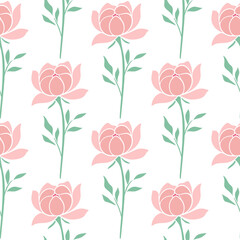 Delicate pink peonies seamless summer pattern. Background blossomed petals lush garden flower. Print natural botanical bloom decoration. Template for wallpaper, fabric and design vector