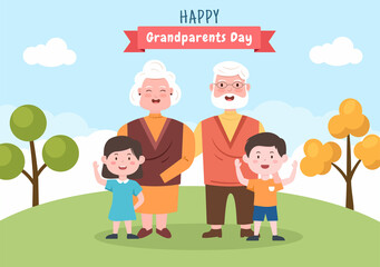 Obraz na płótnie Canvas Happy Grandparents Day Cute Cartoon Illustration with Grandchild, Older Couple, Flower Decoration, Grandpa and Grandma in Flat Style for Poster
